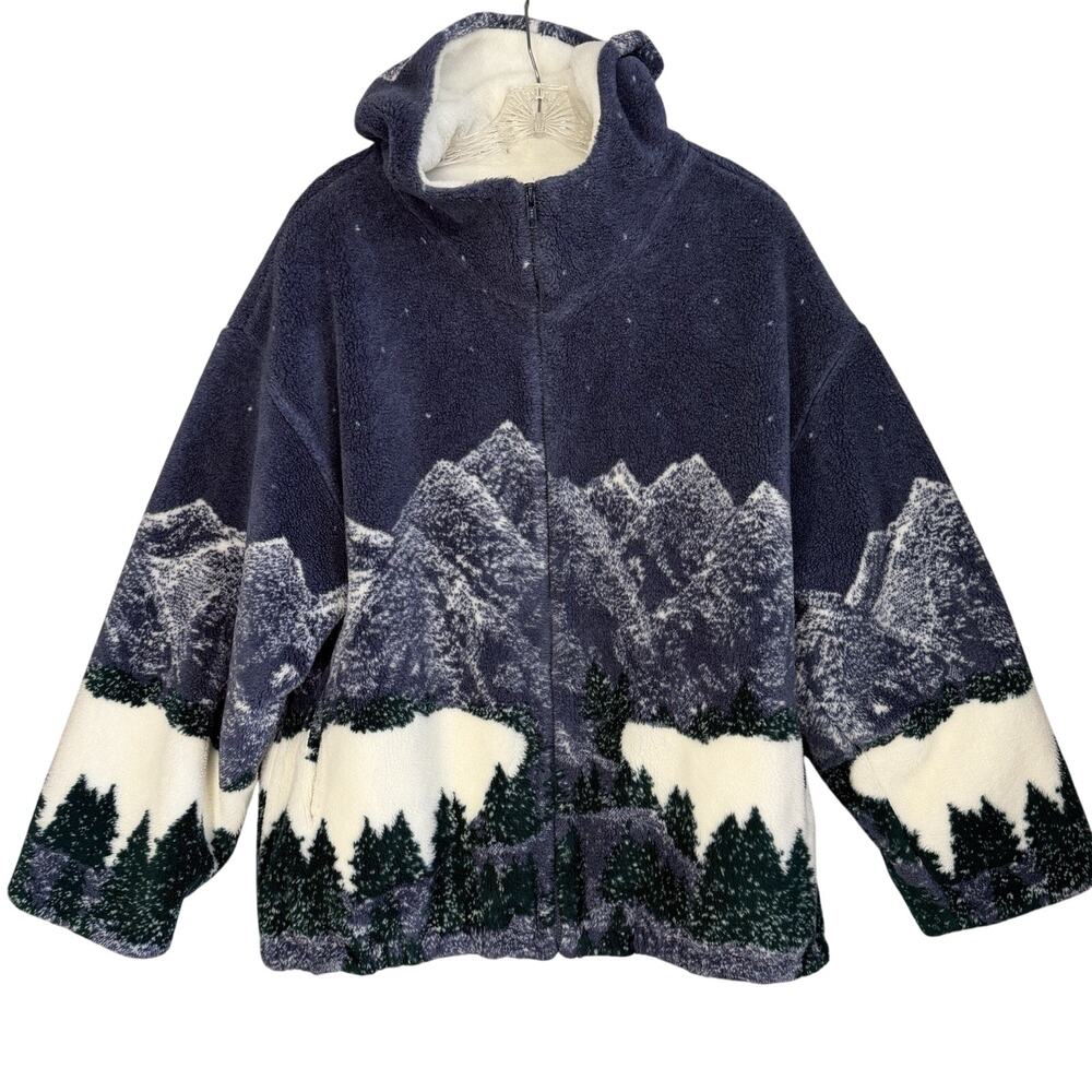 Country Woods Fleece Jacket Womens L Blue Vintage Mountain Graphic Hooded